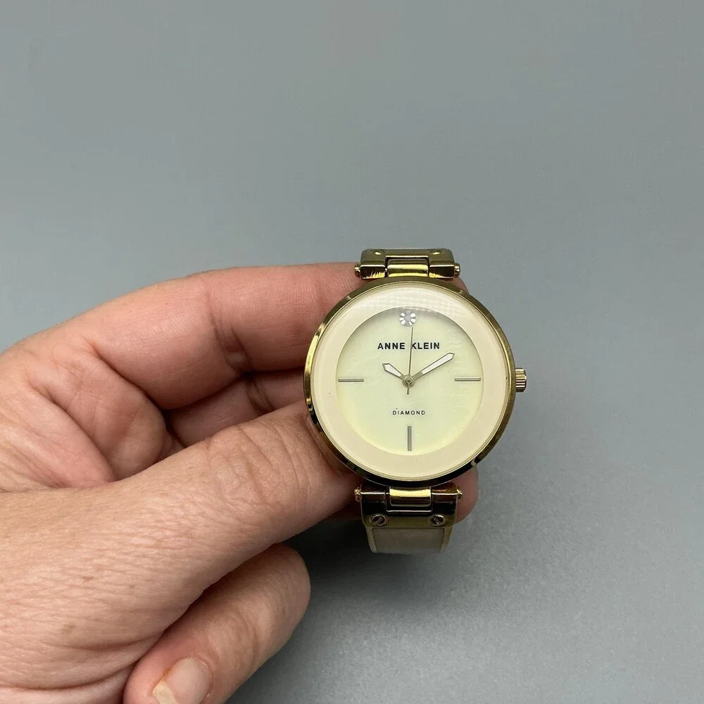 Anne Klein Womens Watch 34mm Cream Dial Gold Tone Inlay AK/2512 New Battery 6.5